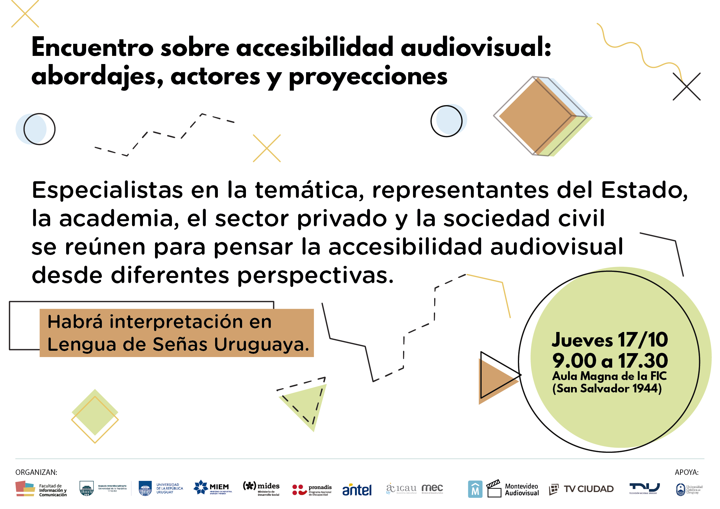 Invitación sobre fondo blanco, algunas figuras geométricas de los colores verde, marrón y celeste en tonos pastel. Líneas delgadas, rectas y curvas, rodean el texto.