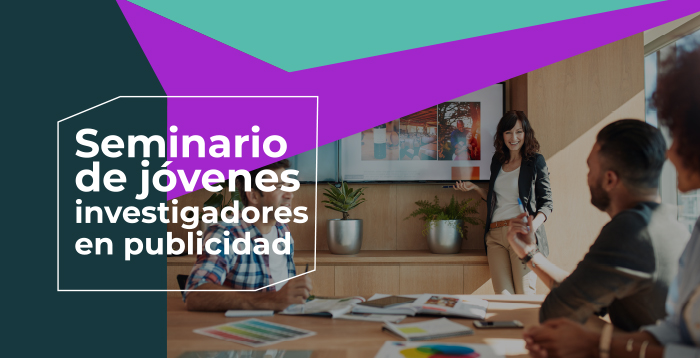Afiche con dos jóvenes mujer y varón con la leyenda Seminario de jóvenes investigadores en publicidad