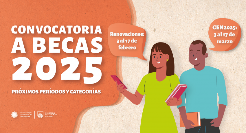 Gráfica: en letras blancas sobre fondo naranja dice "convocatoria a becas 2025".