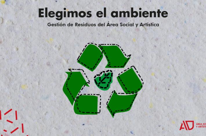 Imagen gráfica de fondo con el texto: Elegimos el ambiente, gestión de residuos del Área Social y Artística. Debajo se encuentra el símbolo de reciclaje en verde.